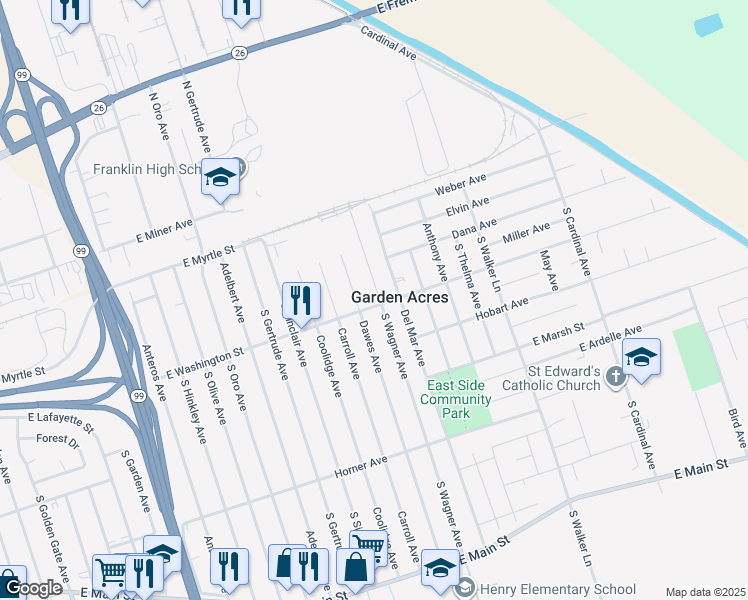 map of restaurants, bars, coffee shops, grocery stores, and more near 4733 East Washington Street in Stockton