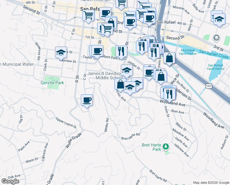 map of restaurants, bars, coffee shops, grocery stores, and more near 232 Picnic Avenue in San Rafael