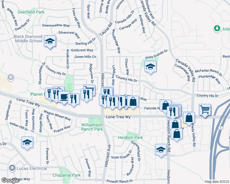 map of restaurants, bars, coffee shops, grocery stores, and more near 4953 Lefebvre Way in Antioch