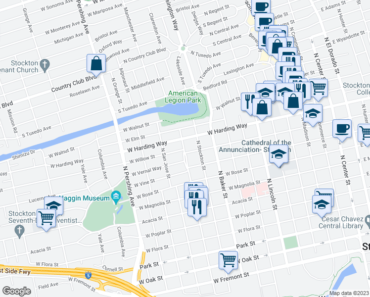 map of restaurants, bars, coffee shops, grocery stores, and more near 1404 North Yosemite Street in Stockton
