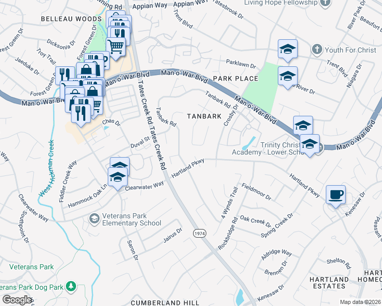 map of restaurants, bars, coffee shops, grocery stores, and more near 4144 Heartwood Road in Lexington