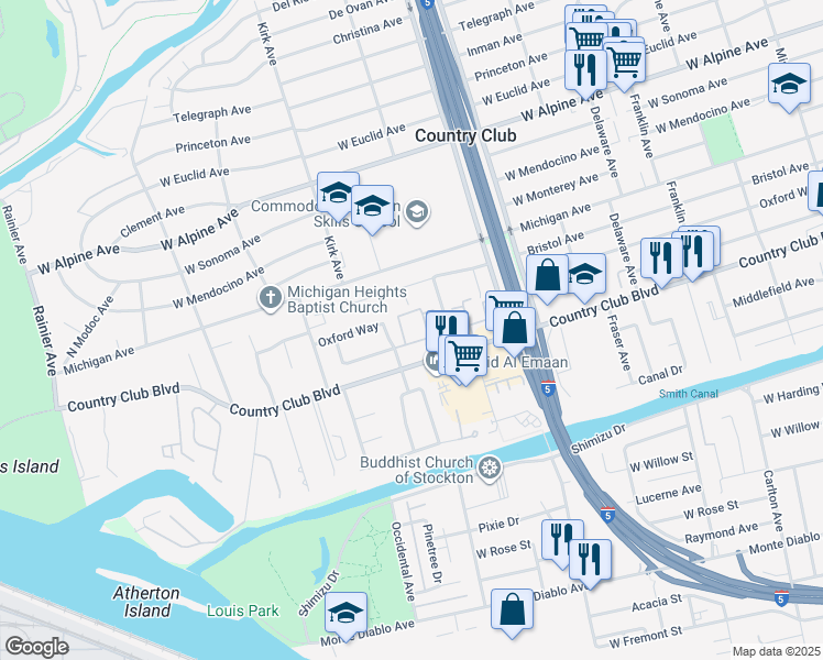 map of restaurants, bars, coffee shops, grocery stores, and more near 2601 Delano Avenue in Stockton