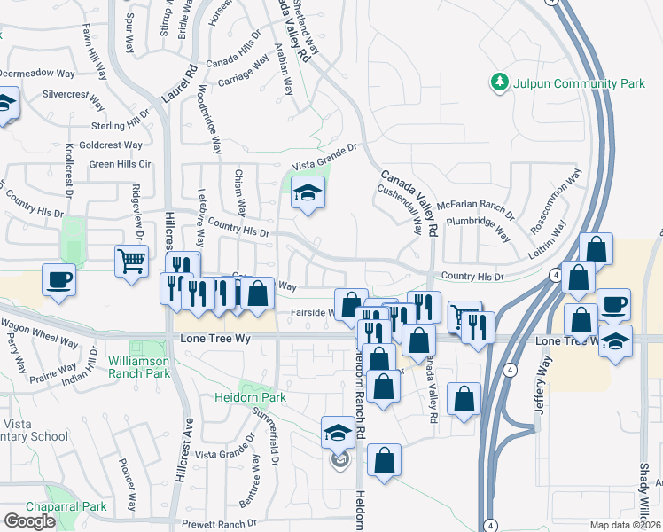 map of restaurants, bars, coffee shops, grocery stores, and more near 5317 Country Hills Drive in Antioch