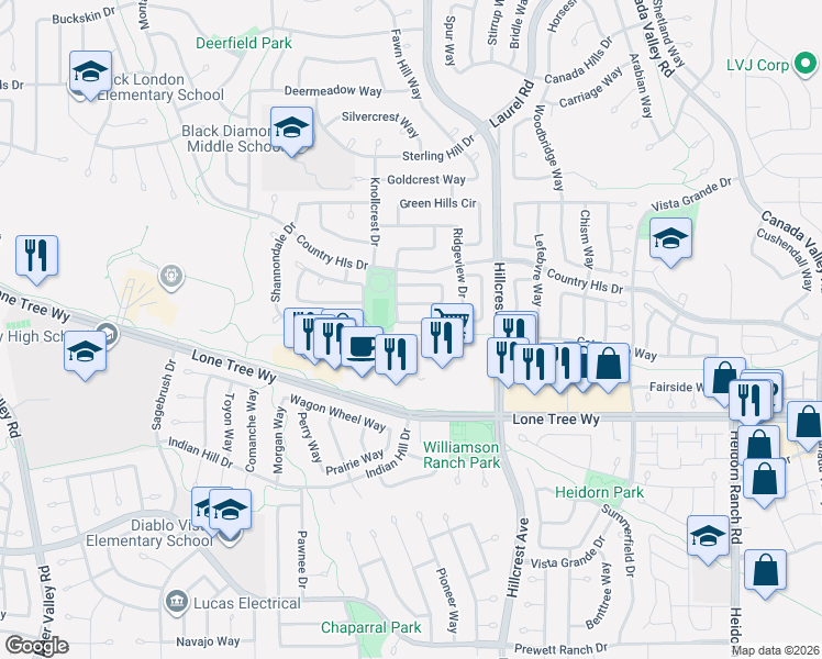 map of restaurants, bars, coffee shops, grocery stores, and more near 4997 Parkgreen Circle in Antioch