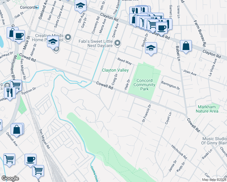 map of restaurants, bars, coffee shops, grocery stores, and more near 3347 Cowell Road in Concord
