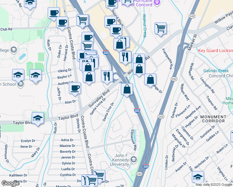 map of restaurants, bars, coffee shops, grocery stores, and more near 871 Santa Cruz Drive in Pleasant Hill
