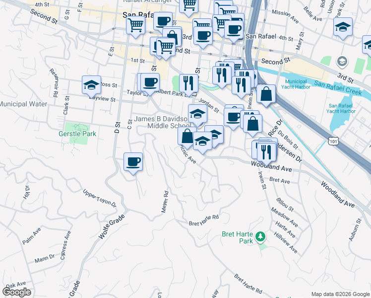 map of restaurants, bars, coffee shops, grocery stores, and more near 232 Picnic Avenue in San Rafael