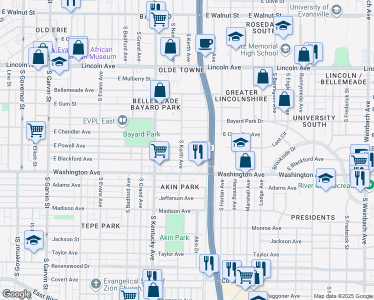 map of restaurants, bars, coffee shops, grocery stores, and more near 1120 East Powell Avenue in Evansville