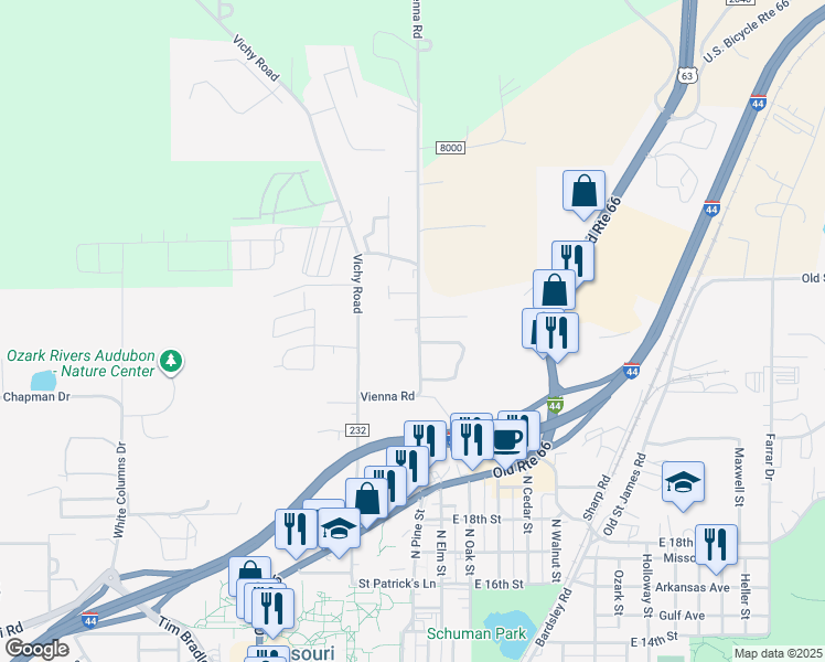map of restaurants, bars, coffee shops, grocery stores, and more near 2099 Vienna Road in Rolla