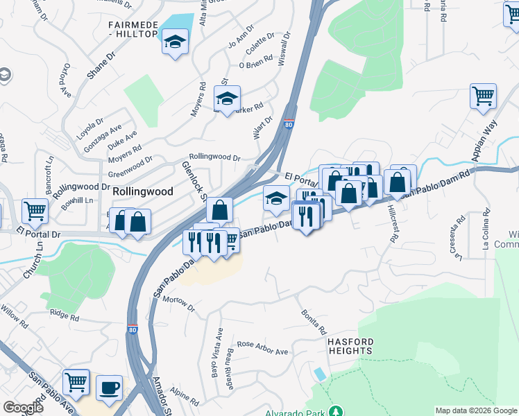 map of restaurants, bars, coffee shops, grocery stores, and more near 4125 Mifflin Avenue in El Sobrante
