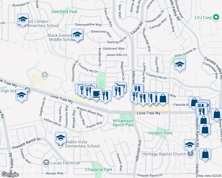 map of restaurants, bars, coffee shops, grocery stores, and more near 4969 Ridgeview Drive in Antioch