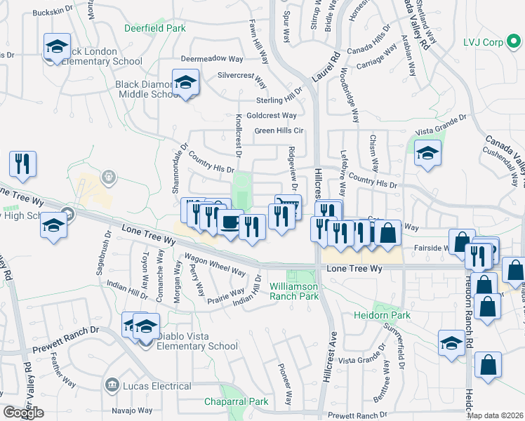 map of restaurants, bars, coffee shops, grocery stores, and more near 4997 Parkgreen Circle in Antioch