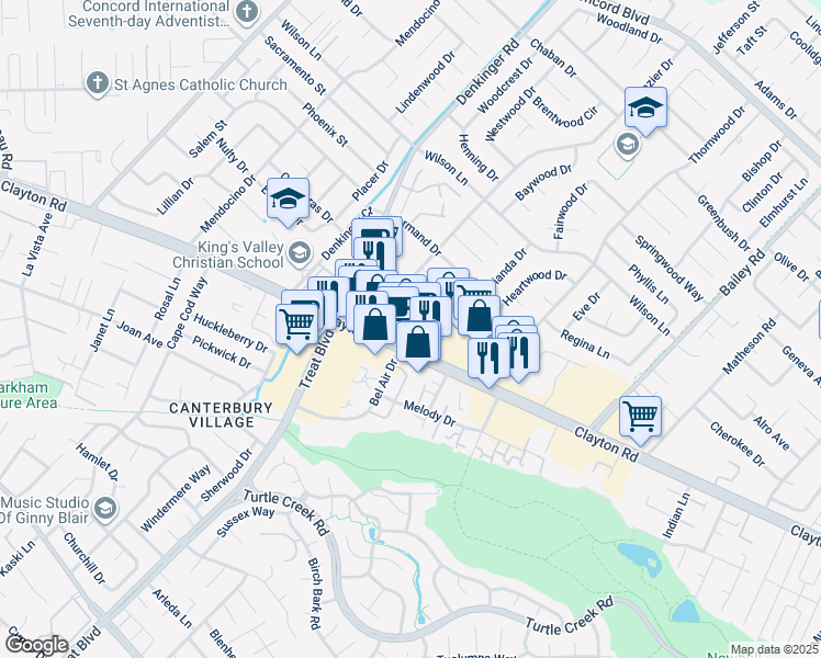 map of restaurants, bars, coffee shops, grocery stores, and more near 4281 Machado Drive in Concord