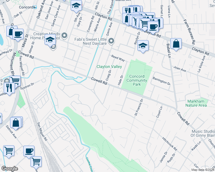 map of restaurants, bars, coffee shops, grocery stores, and more near 3347 Cowell Road in Concord