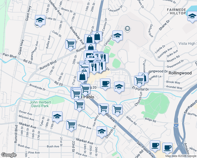 map of restaurants, bars, coffee shops, grocery stores, and more near 14350 San Pablo Avenue in San Pablo