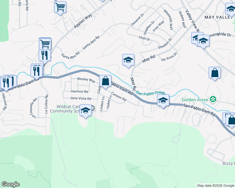 map of restaurants, bars, coffee shops, grocery stores, and more near 4631 Canyon Road in El Sobrante
