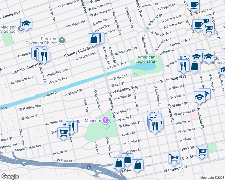 map of restaurants, bars, coffee shops, grocery stores, and more near 1255 West Harding Way in Stockton