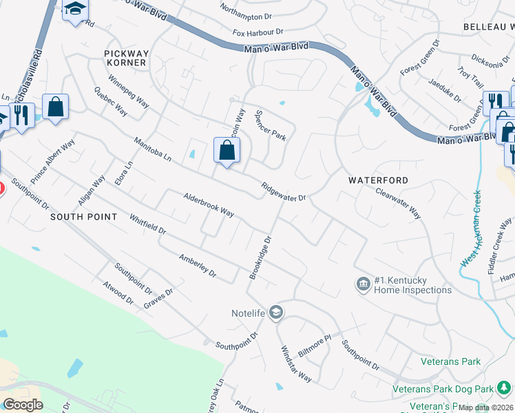 map of restaurants, bars, coffee shops, grocery stores, and more near 500 Manitoba Lane in Lexington