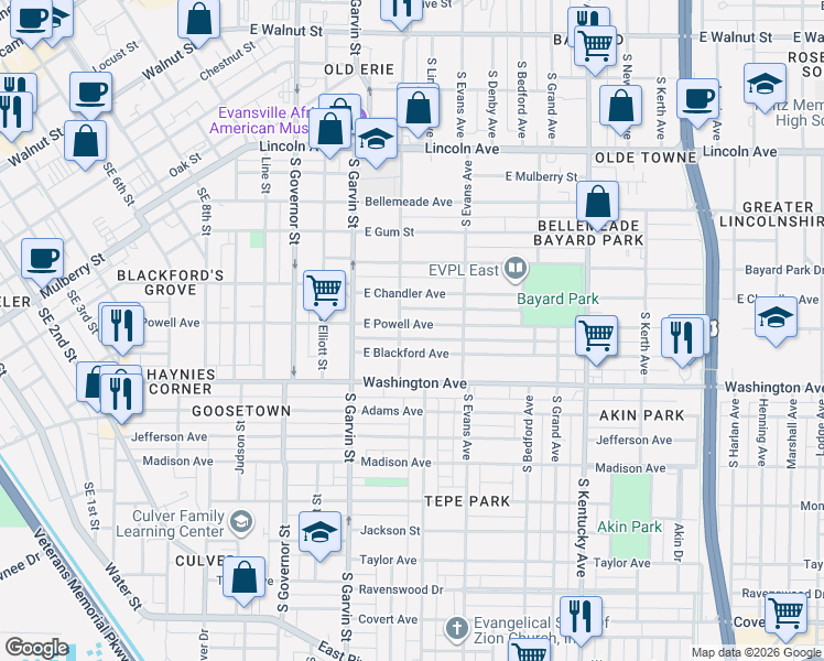 map of restaurants, bars, coffee shops, grocery stores, and more near 861 South Morton Avenue in Evansville