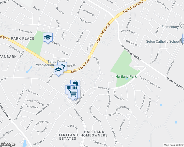 map of restaurants, bars, coffee shops, grocery stores, and more near 1550 Trent Boulevard in Lexington