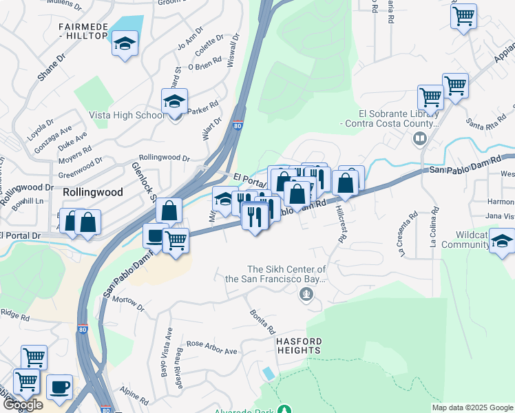 map of restaurants, bars, coffee shops, grocery stores, and more near 5050 El Portal Drive in Richmond