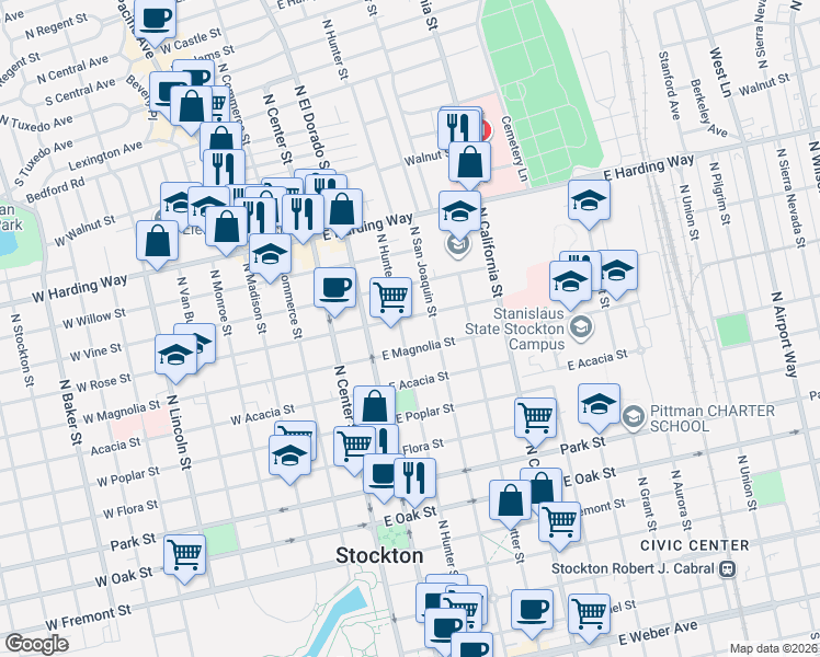 map of restaurants, bars, coffee shops, grocery stores, and more near 1202 North Hunter Street in Stockton