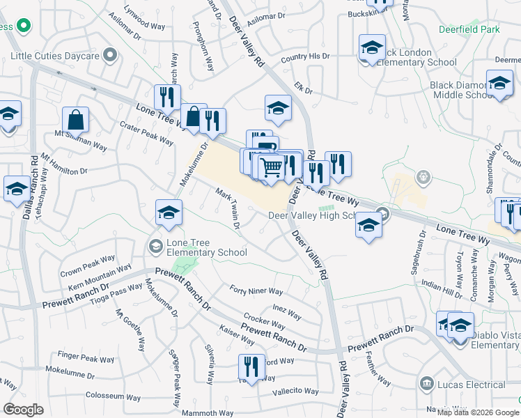 map of restaurants, bars, coffee shops, grocery stores, and more near 2313 Johns Court in Antioch