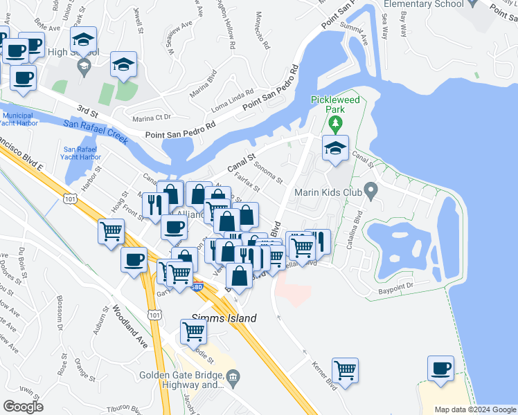 map of restaurants, bars, coffee shops, grocery stores, and more near in San Anselmo