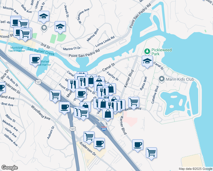 map of restaurants, bars, coffee shops, grocery stores, and more near in San Anselmo
