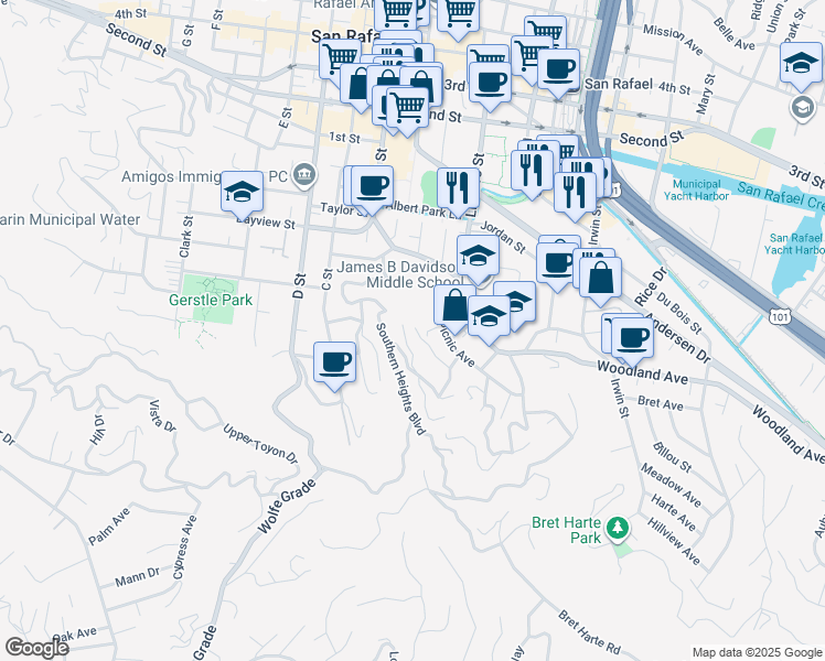 map of restaurants, bars, coffee shops, grocery stores, and more near 47 Roberts Avenue in San Rafael