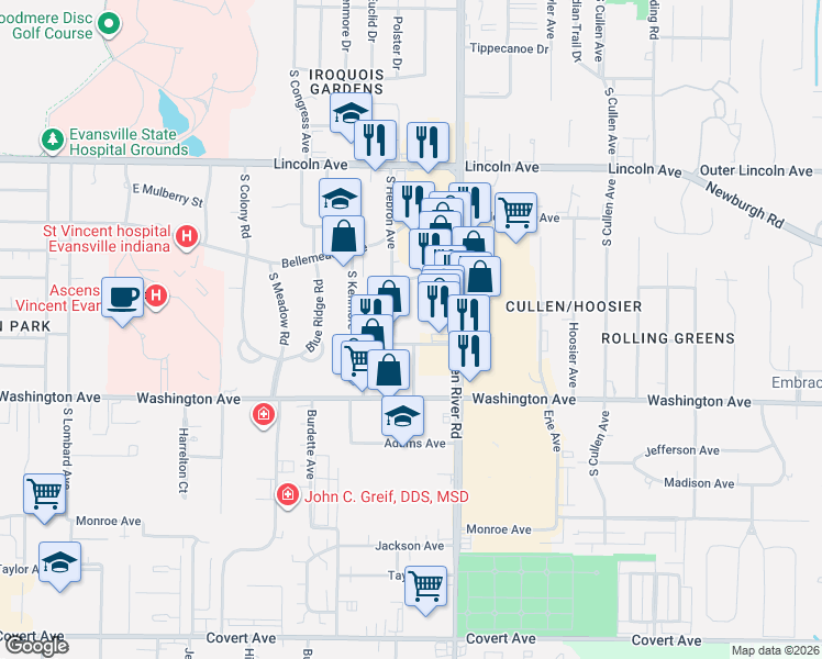 map of restaurants, bars, coffee shops, grocery stores, and more near 951 South Hebron Avenue in Evansville