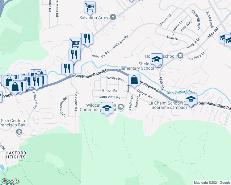 map of restaurants, bars, coffee shops, grocery stores, and more near 4370 Harmon Road in El Sobrante
