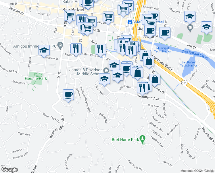 map of restaurants, bars, coffee shops, grocery stores, and more near 240 Woodland Avenue in San Rafael