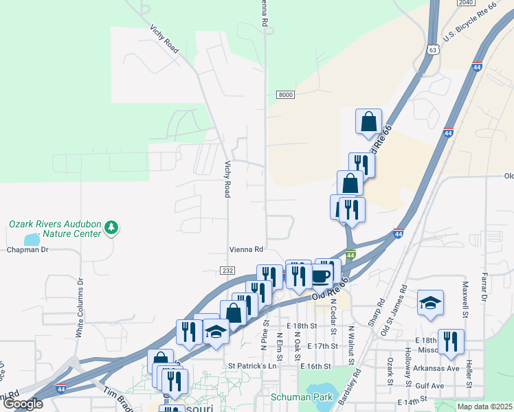 map of restaurants, bars, coffee shops, grocery stores, and more near 2103 Vienna Road in Rolla