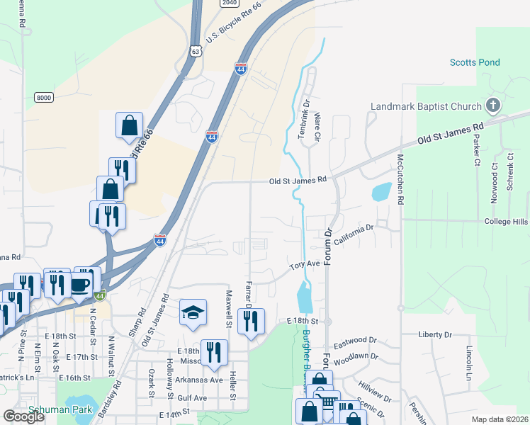 map of restaurants, bars, coffee shops, grocery stores, and more near 2016 Holt Avenue in Rolla