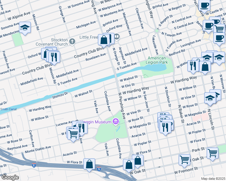 map of restaurants, bars, coffee shops, grocery stores, and more near 1428 West Elm Street in Stockton