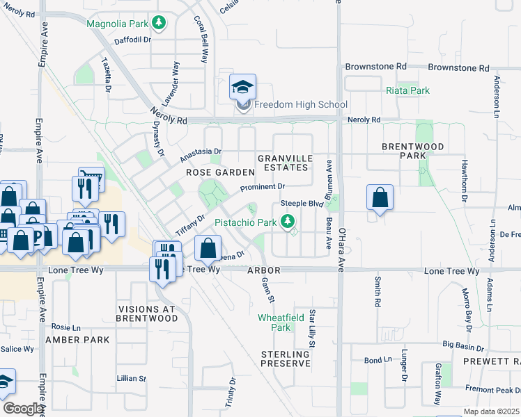 map of restaurants, bars, coffee shops, grocery stores, and more near 2574 Handel Way in Brentwood