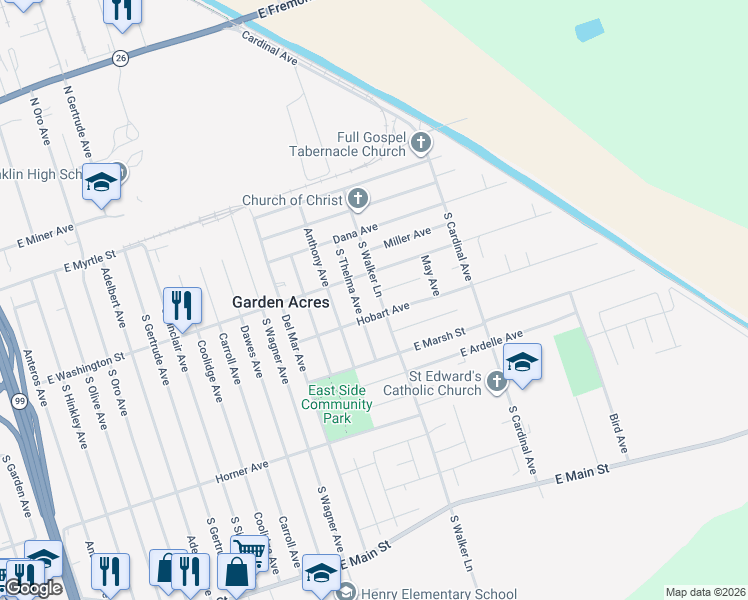 map of restaurants, bars, coffee shops, grocery stores, and more near 216 South Thelma Avenue in Stockton