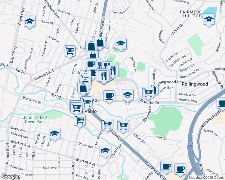 map of restaurants, bars, coffee shops, grocery stores, and more near 404 Presidio Street in San Pablo
