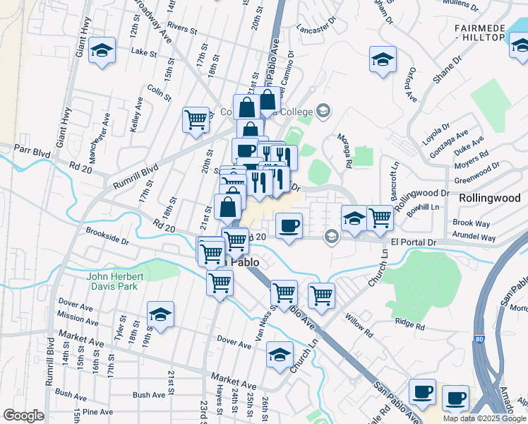 map of restaurants, bars, coffee shops, grocery stores, and more near Soledad Lane in San Pablo