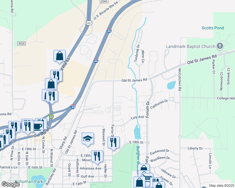 map of restaurants, bars, coffee shops, grocery stores, and more near 2016 Holt Avenue in Rolla