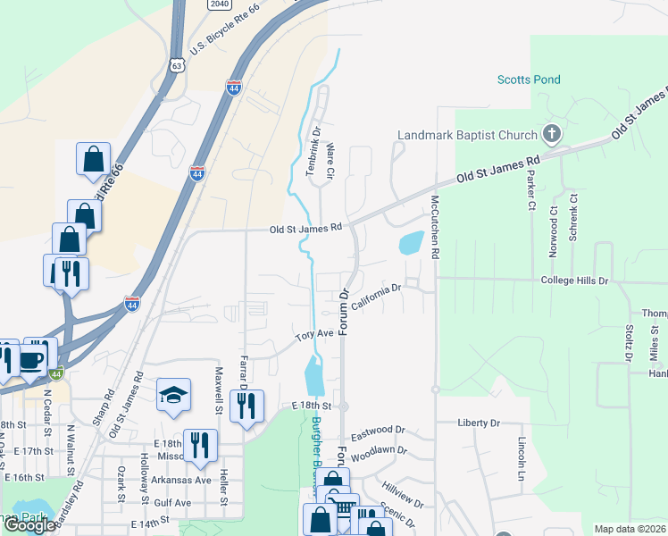 map of restaurants, bars, coffee shops, grocery stores, and more near 2019 Forum Drive in Rolla