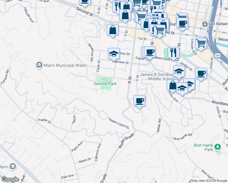 map of restaurants, bars, coffee shops, grocery stores, and more near 34 Grove Street in San Rafael