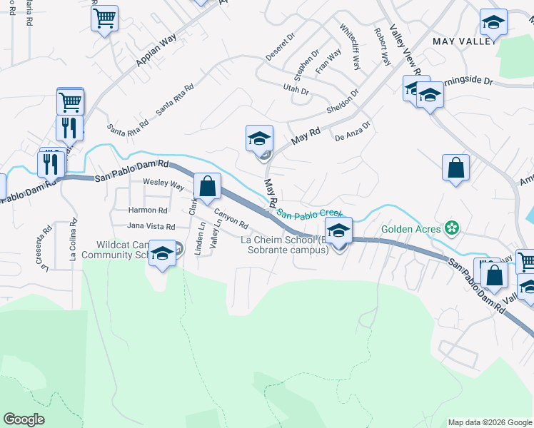 map of restaurants, bars, coffee shops, grocery stores, and more near San Pablo Dam Road & May Road in El Sobrante