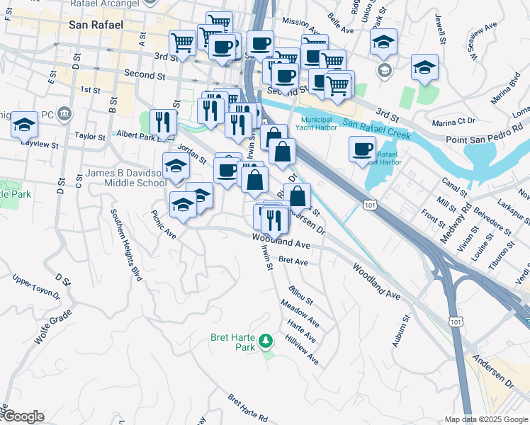 map of restaurants, bars, coffee shops, grocery stores, and more near 516 Irwin Street in San Rafael