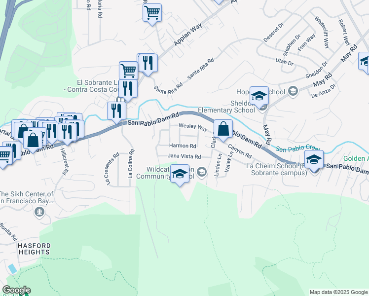 map of restaurants, bars, coffee shops, grocery stores, and more near 4338 Harmon Road in El Sobrante