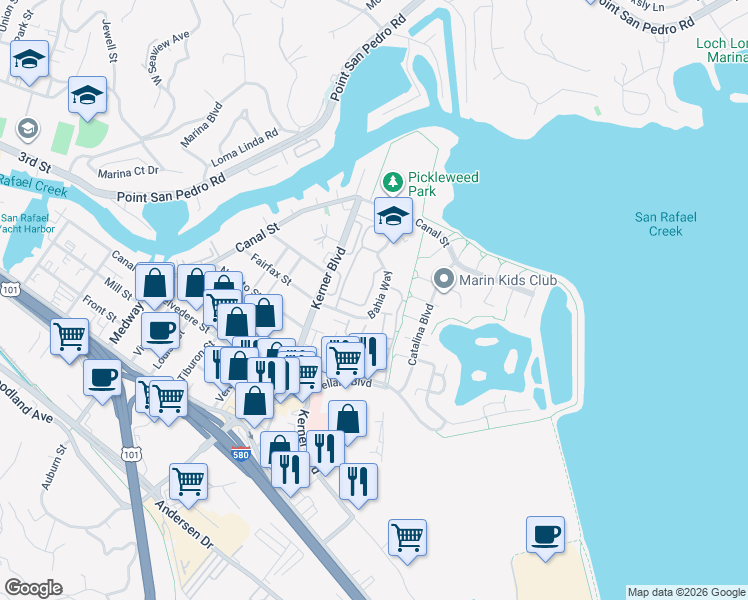 map of restaurants, bars, coffee shops, grocery stores, and more near 331 Bahia Lane in San Rafael