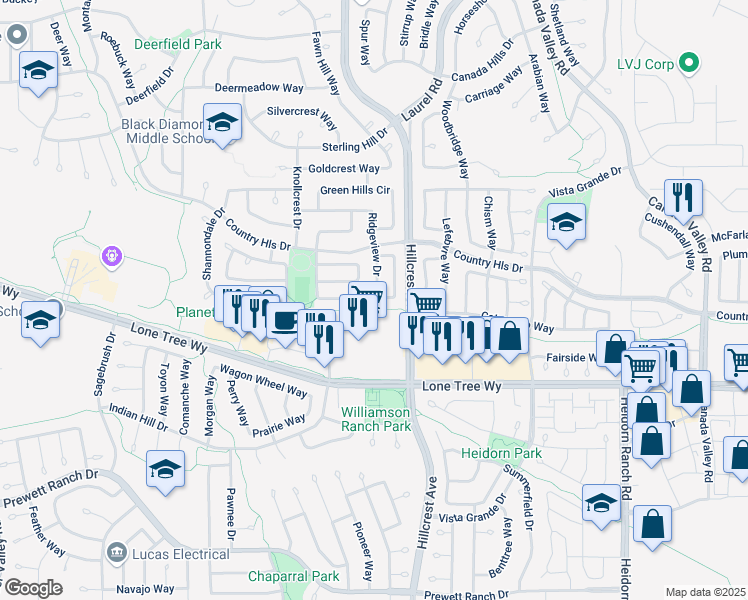 map of restaurants, bars, coffee shops, grocery stores, and more near 4931 Ridgeview Drive in Antioch
