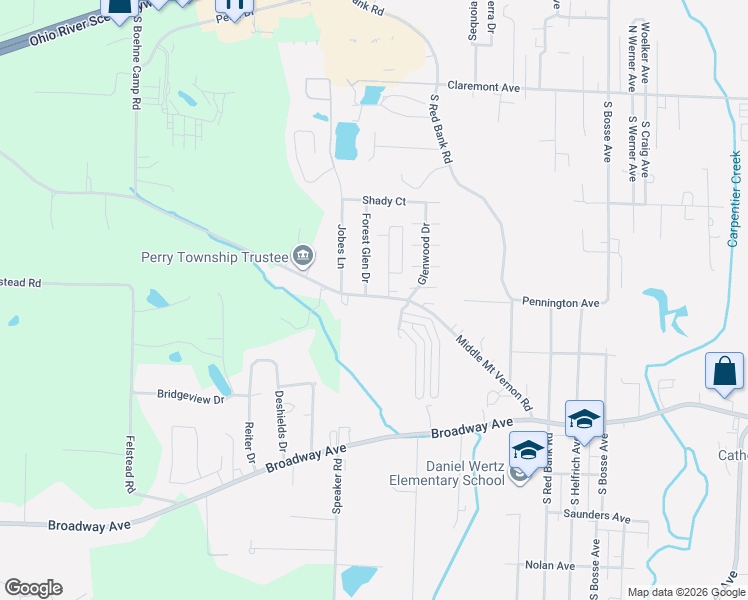 map of restaurants, bars, coffee shops, grocery stores, and more near 926 Forest Glen Drive in Evansville