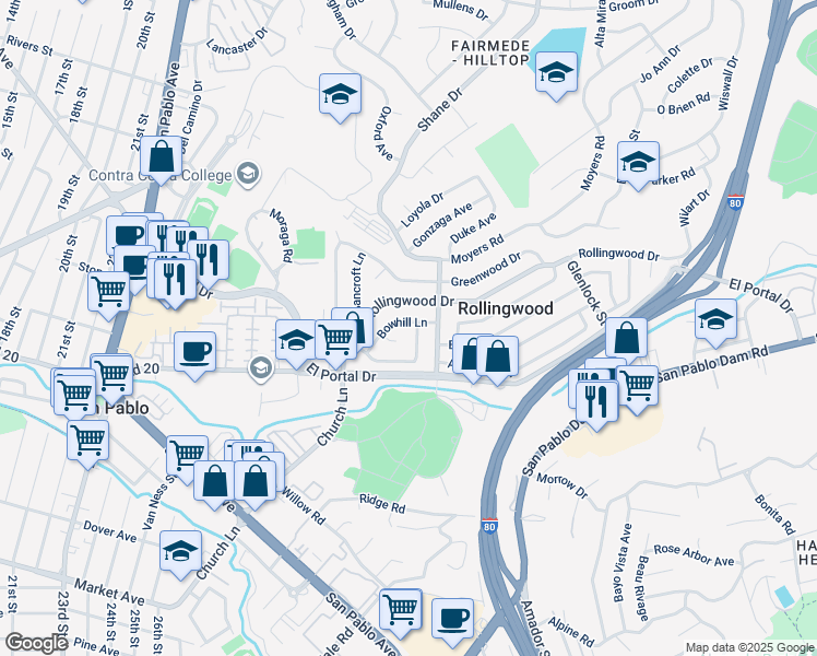 map of restaurants, bars, coffee shops, grocery stores, and more near 2772 Bowhill Lane in San Pablo